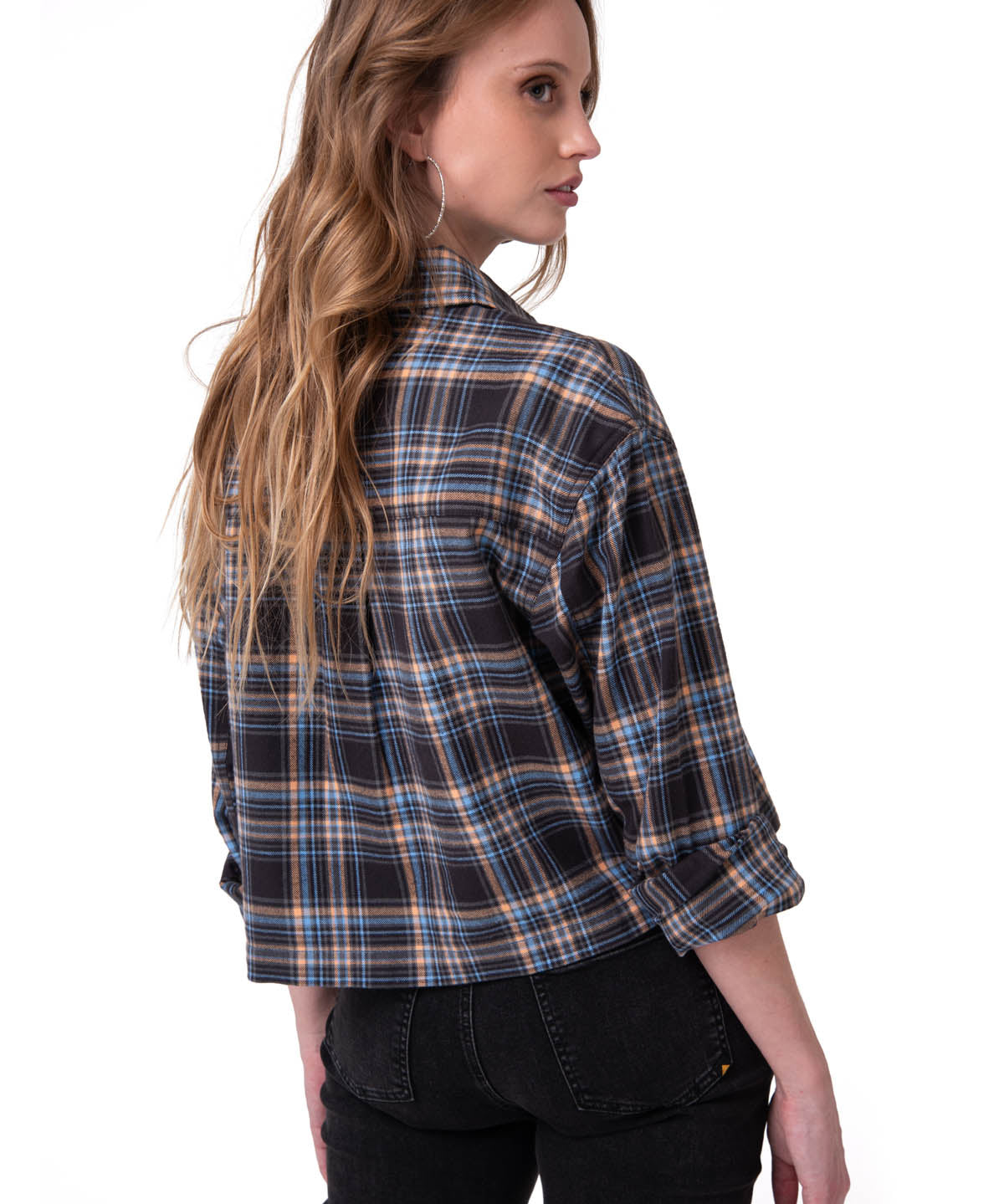 Camisa Manga Larga Mujer Cropped Flannel Negro Cat