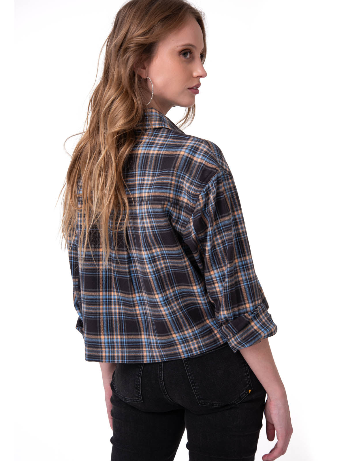 Camisa Manga Larga Mujer Cropped Flannel Negro Cat