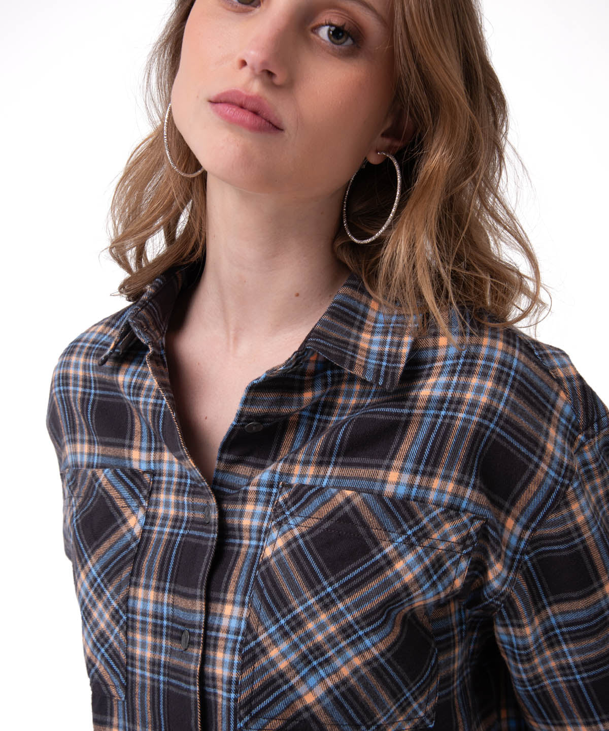 Camisa Manga Larga Mujer Cropped Flannel Negro Cat