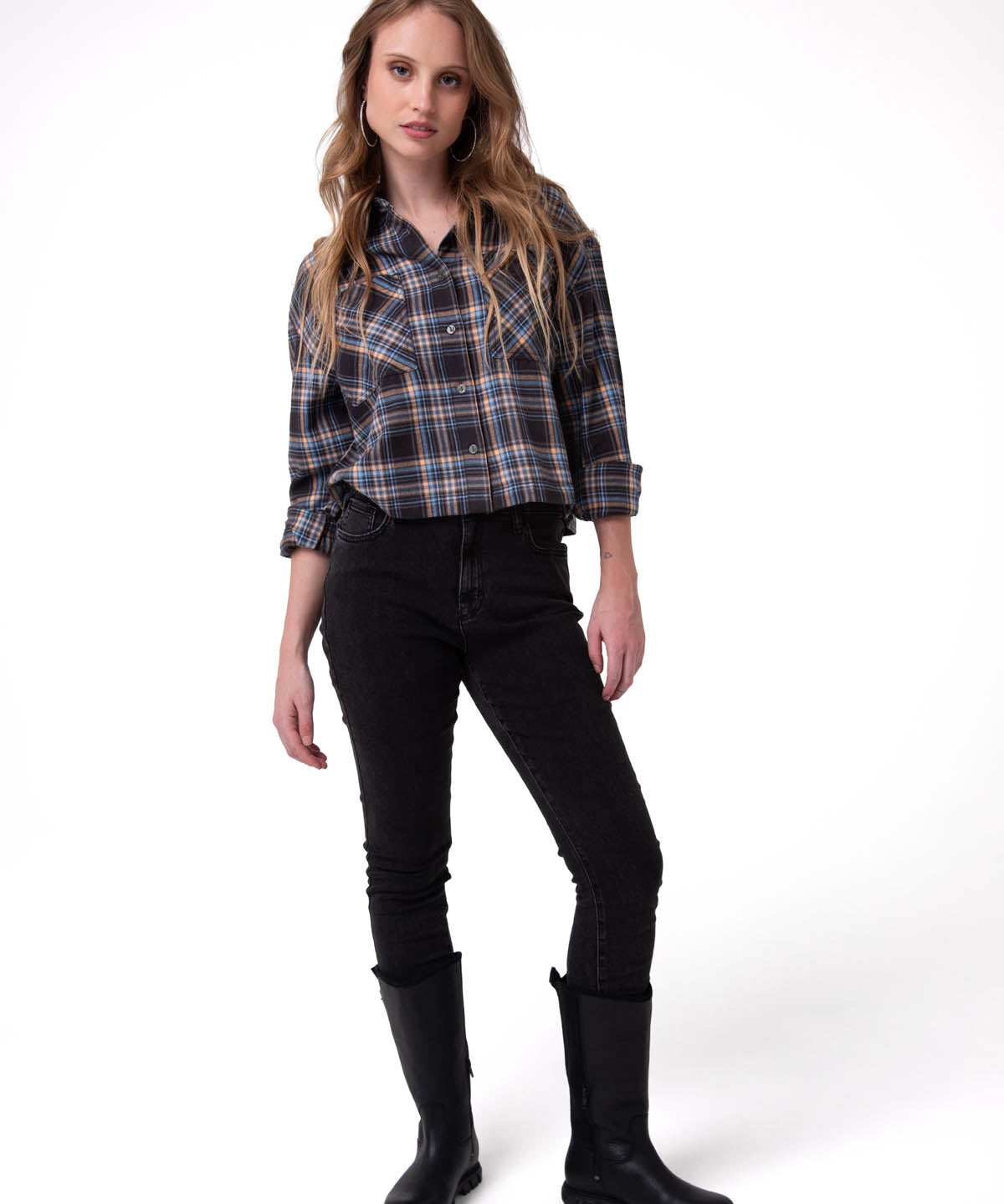 Camisa Manga Larga Mujer Cropped Flannel Negro Cat