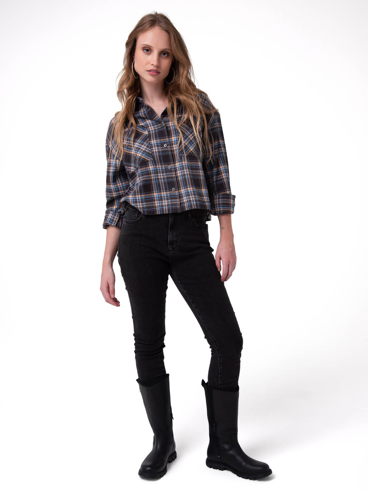 Camisa Manga Larga Mujer Cropped Flannel Negro Cat