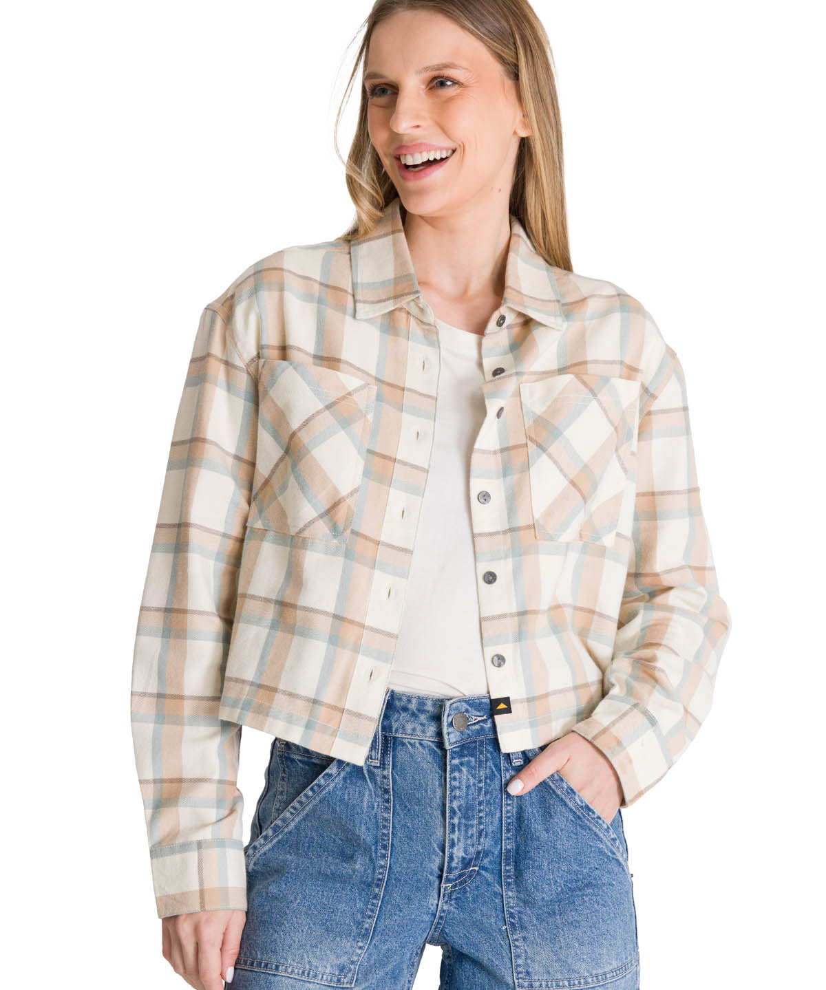 Camisa Manga Larga Mujer Cropped Flannel Beige CAT