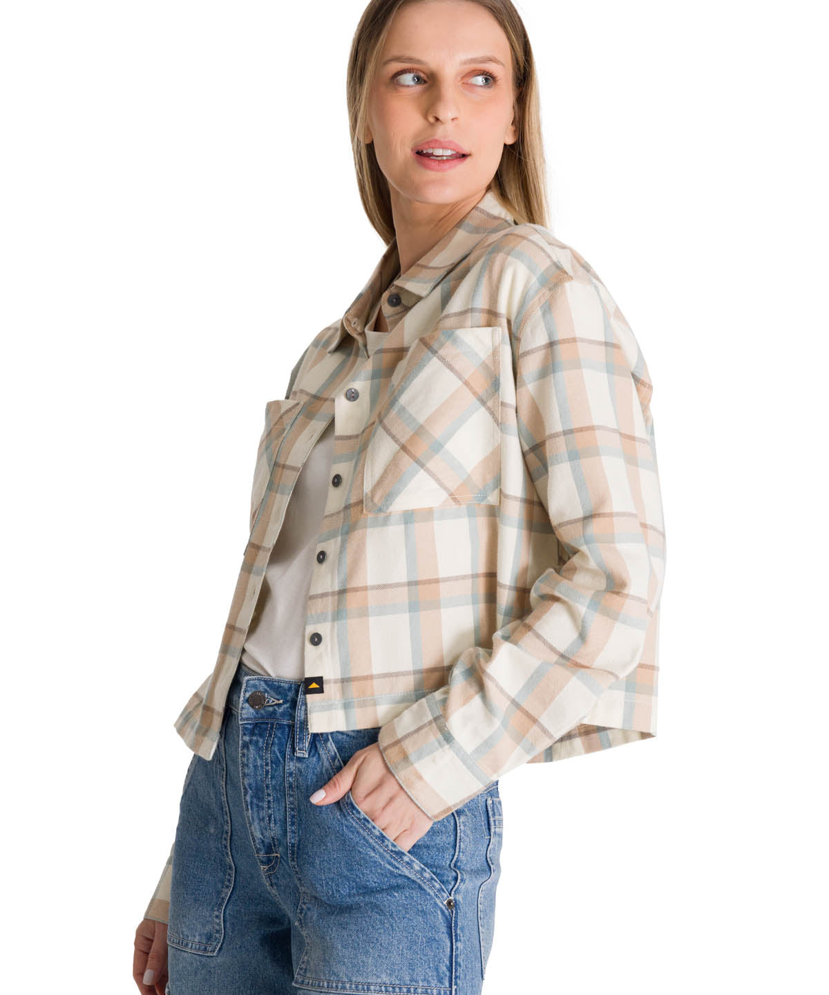 Camisa Manga Larga Mujer Cropped Flannel Beige CAT