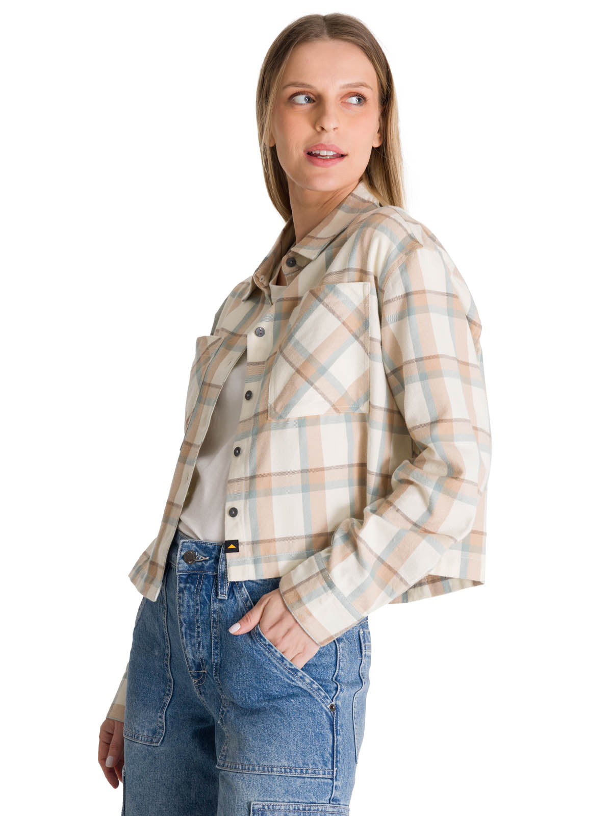 Camisa Manga Larga Mujer Cropped Flannel Beige CAT