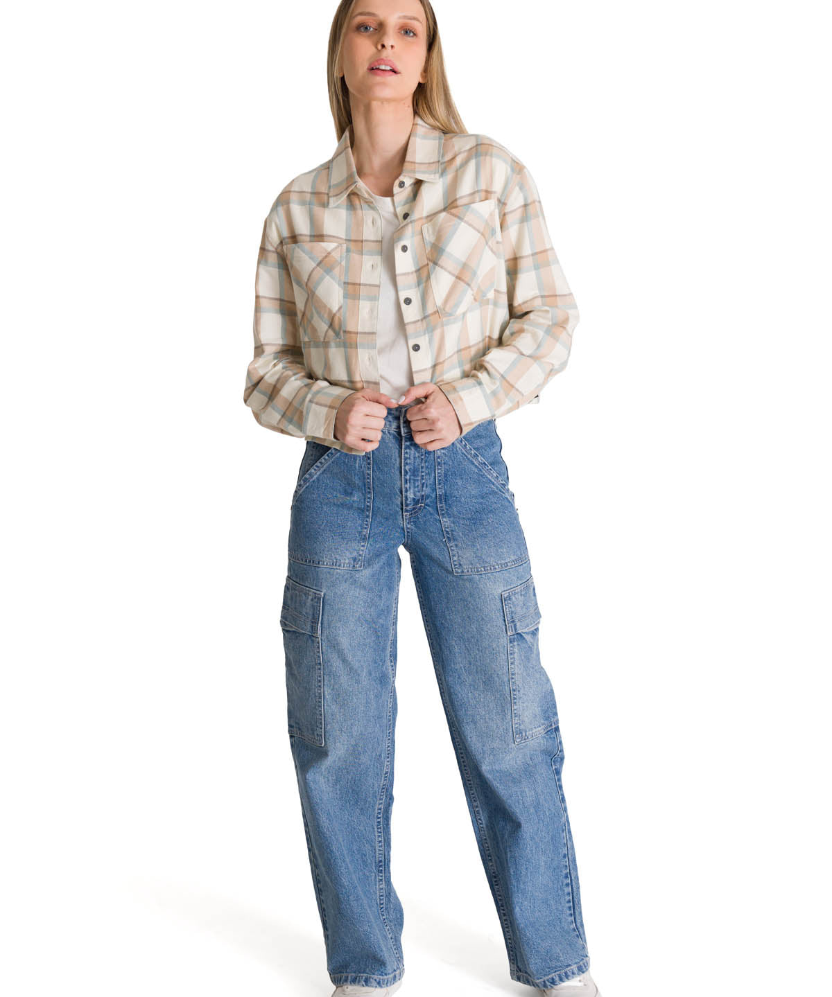 Camisa Manga Larga Mujer Cropped Flannel Beige CAT