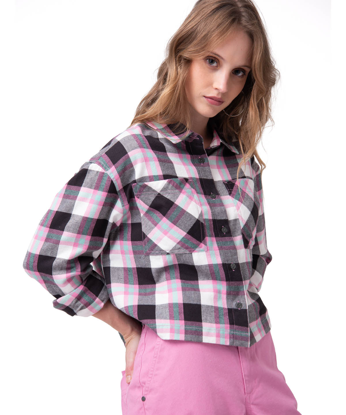 Camisa Manga Larga Mujer Cropped Flannel Rosa Cat