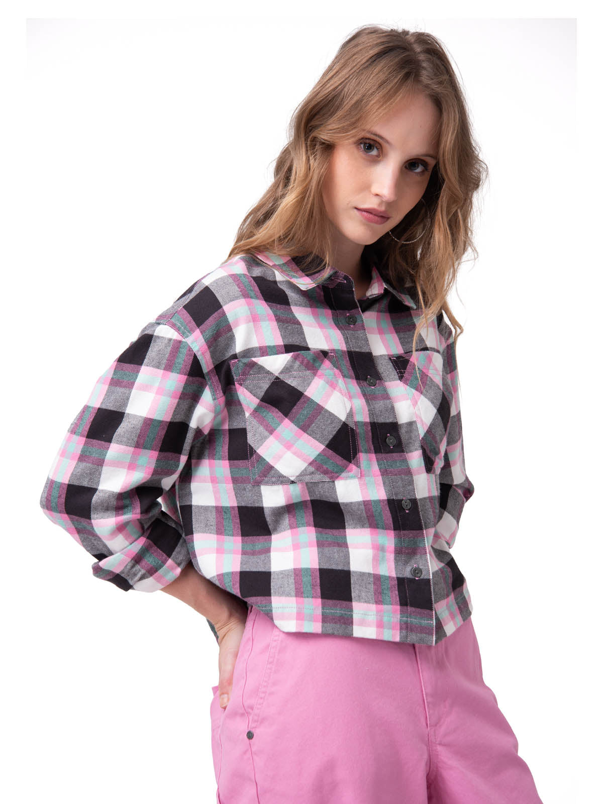 Camisa Manga Larga Mujer Cropped Flannel Rosa Cat