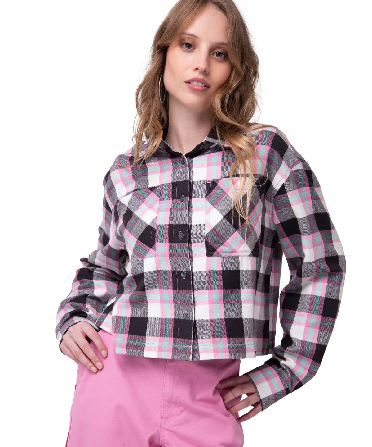 Camisa Manga Larga Mujer Cropped Flannel Rosa Cat