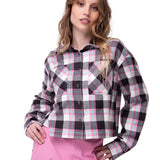 Camisa Manga Larga Mujer Cropped Flannel Rosa Cat