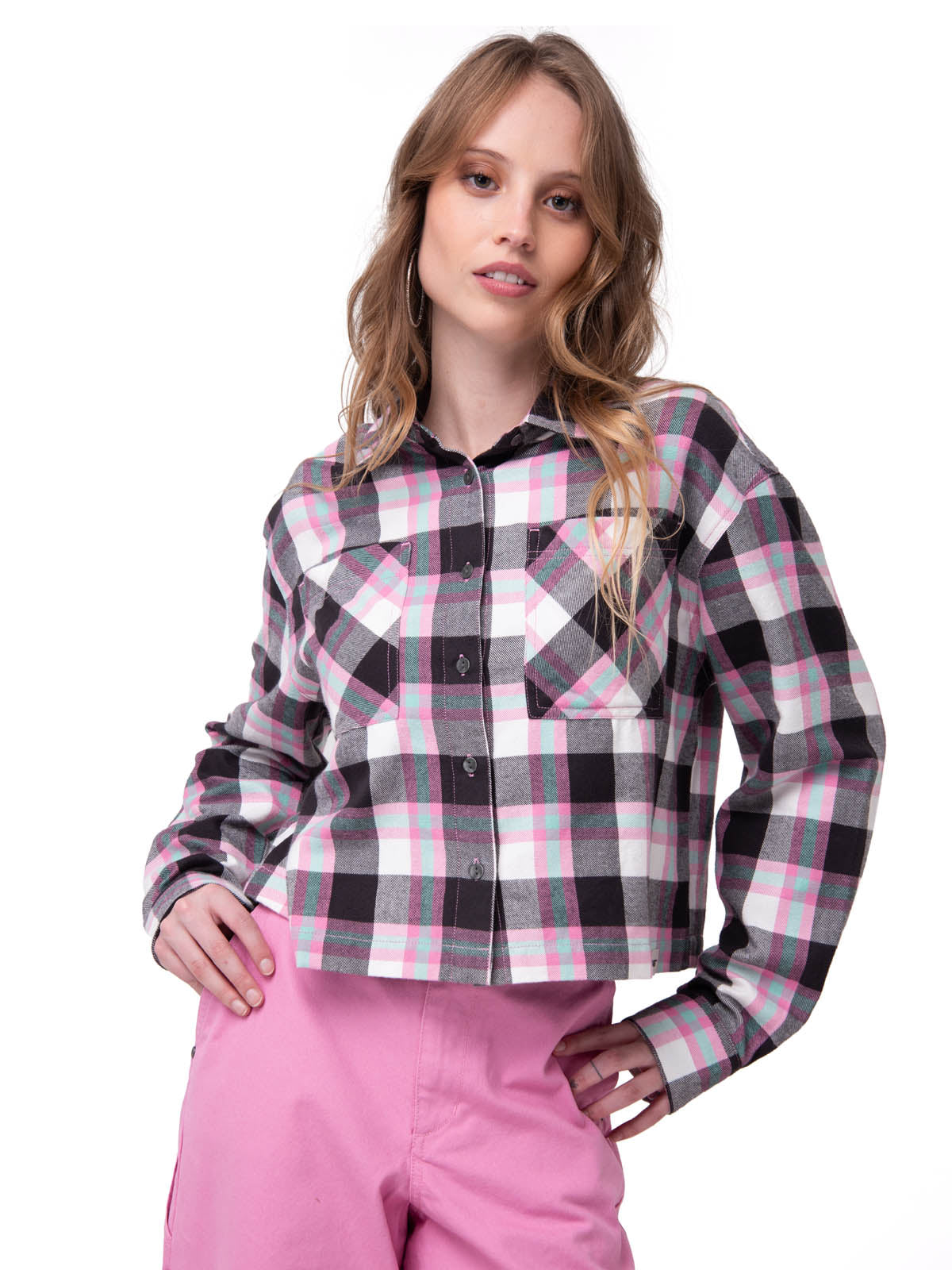 Camisa Manga Larga Mujer Cropped Flannel Rosa Cat