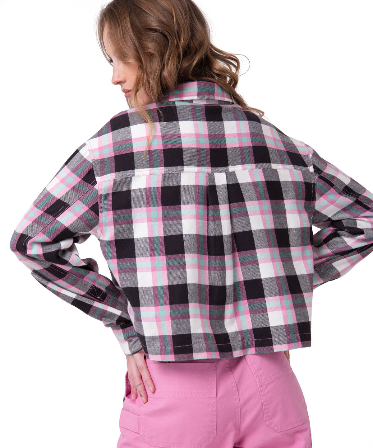Camisa Manga Larga Mujer Cropped Flannel Rosa Cat