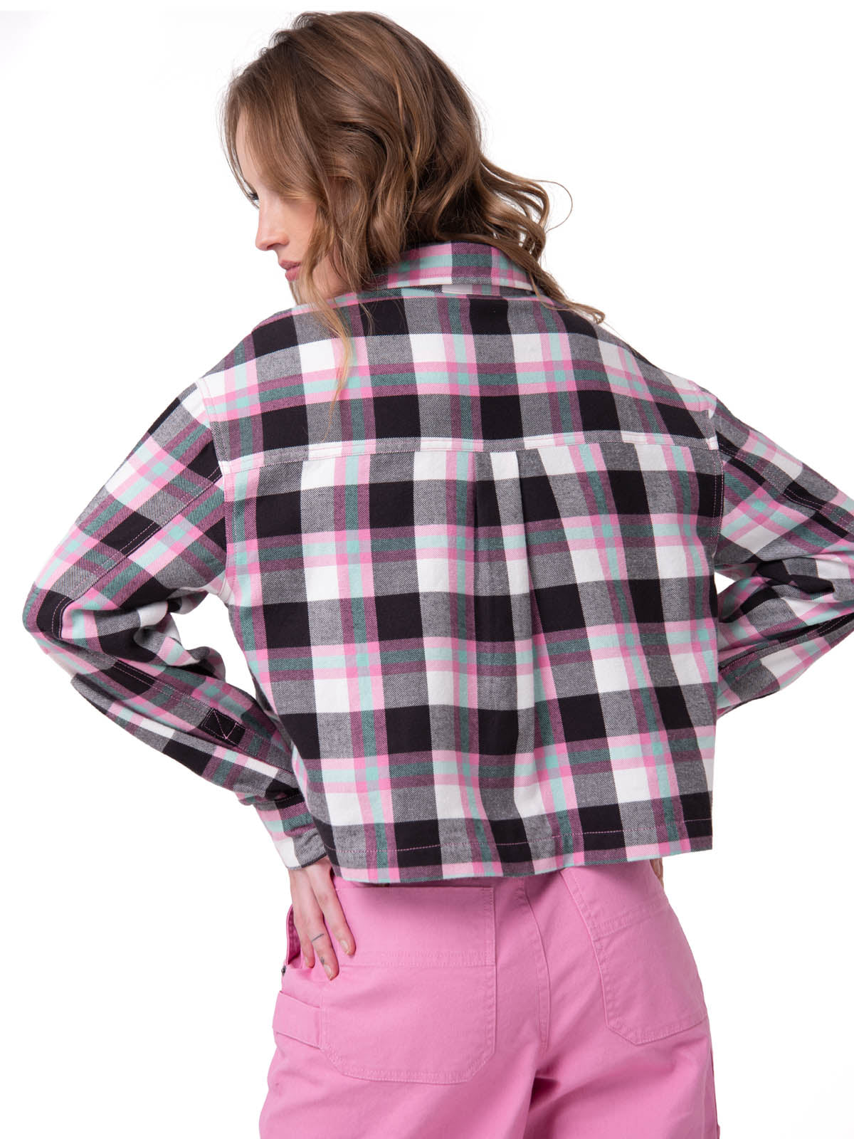Camisa Manga Larga Mujer Cropped Flannel Rosa Cat