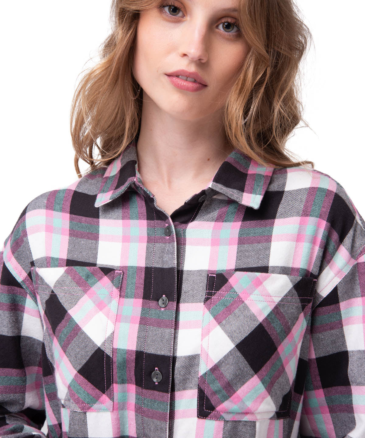 Camisa Manga Larga Mujer Cropped Flannel Rosa Cat