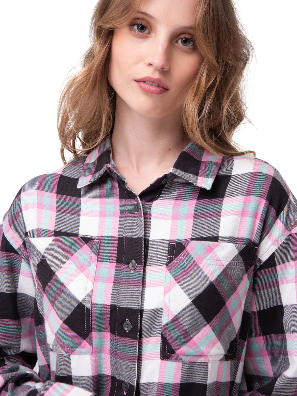 Camisa Manga Larga Mujer Cropped Flannel Rosa Cat