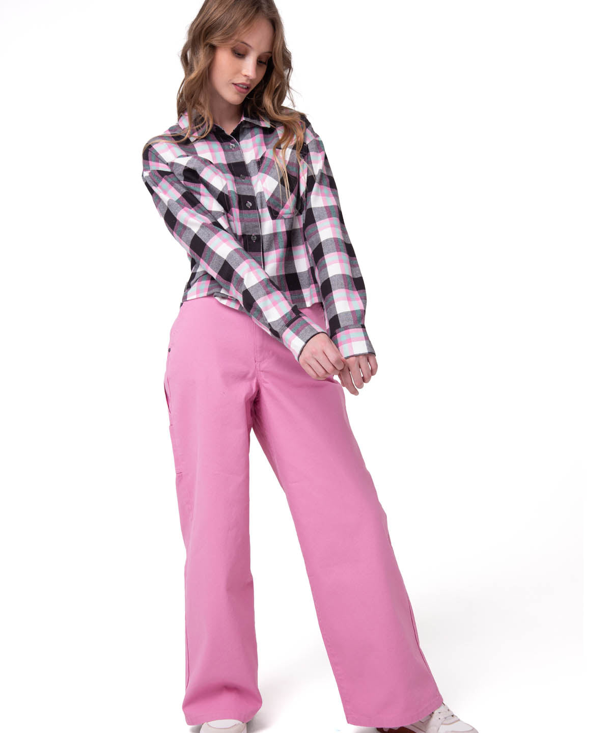 Camisa Manga Larga Mujer Cropped Flannel Rosa Cat