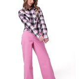 Camisa Manga Larga Mujer Cropped Flannel Rosa Cat