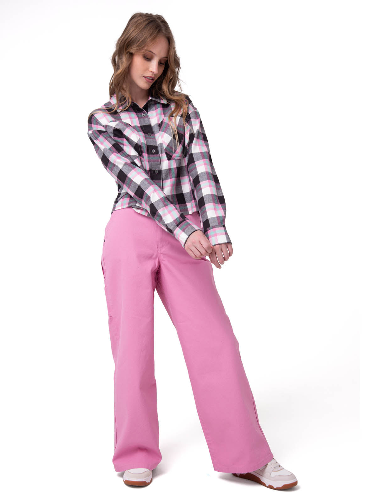 Camisa Manga Larga Mujer Cropped Flannel Rosa Cat