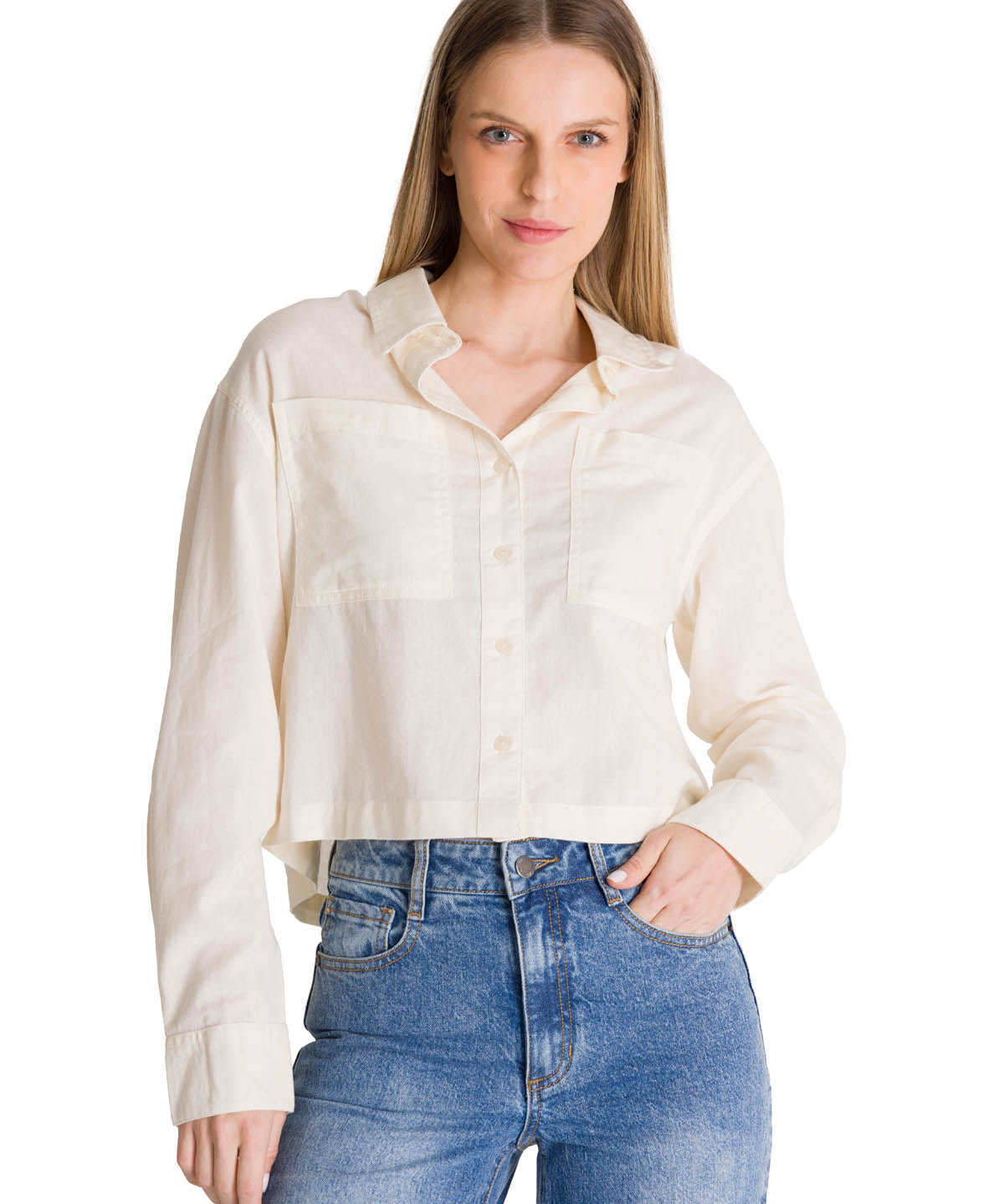 Camisa Manga Larga Mujer Cropped Blanco CAT