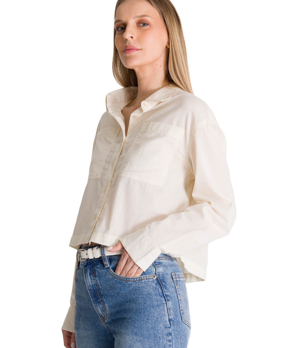 Camisa Manga Larga Mujer Cropped Blanco CAT