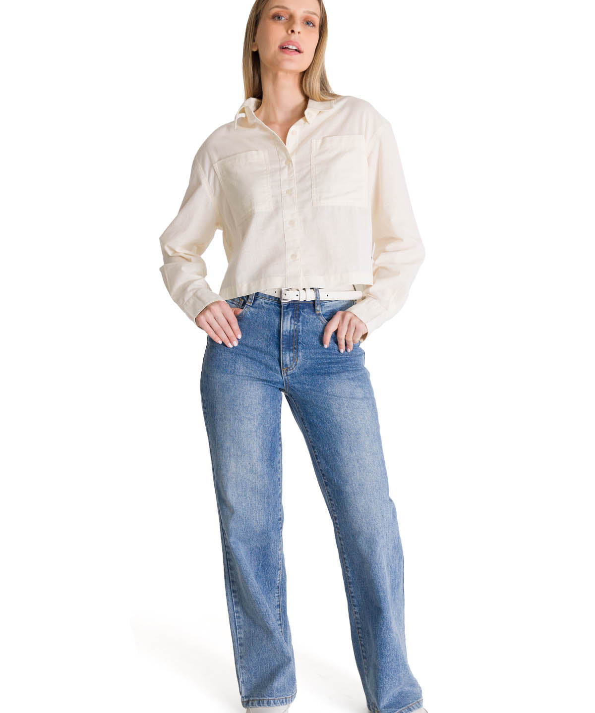 Camisa Manga Larga Mujer Cropped Blanco CAT