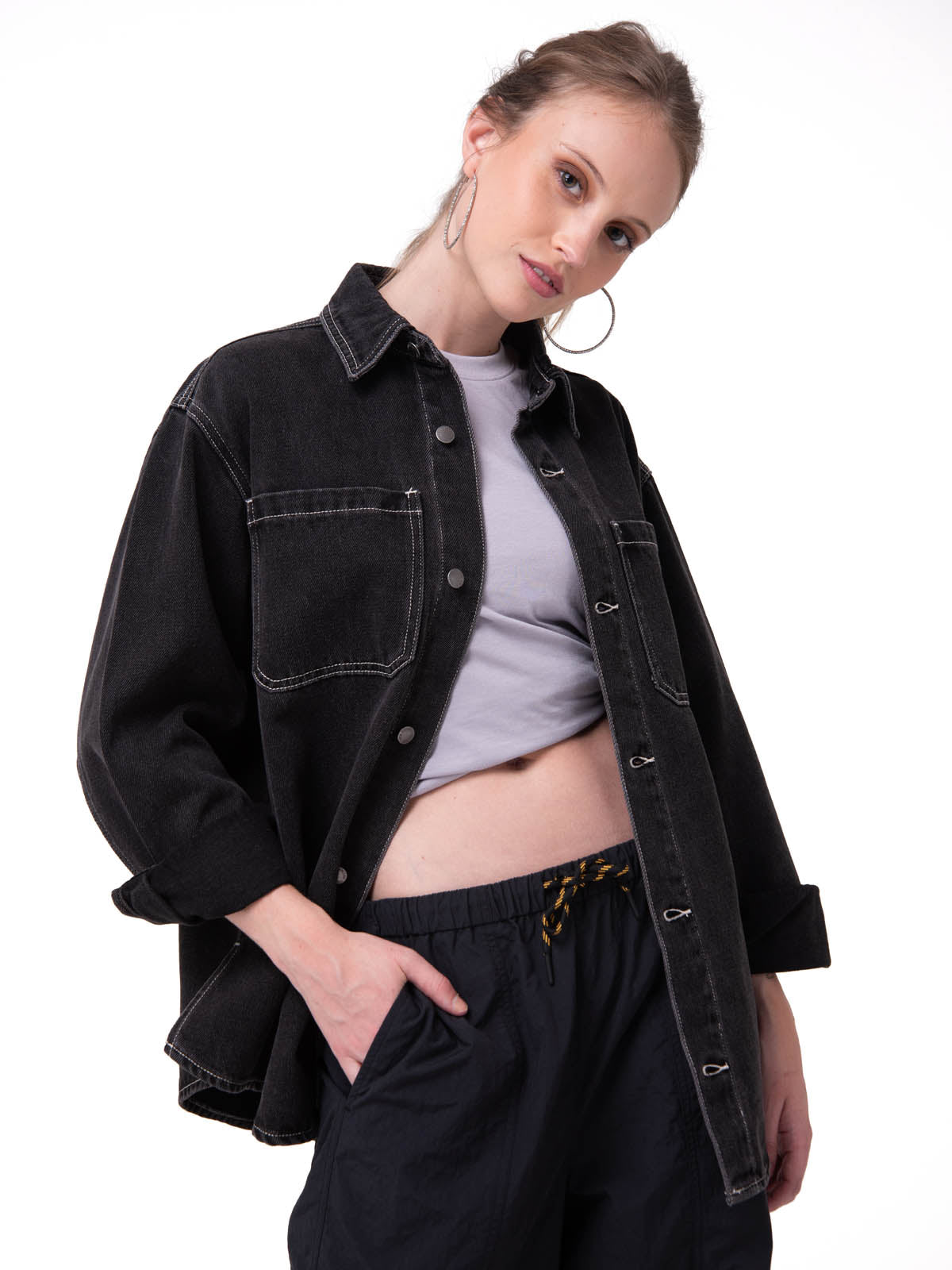 Camisa Denim Manga Larga Mujer Oversized Negro Cat
