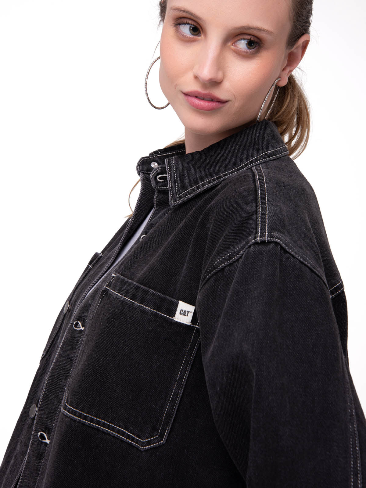 Camisa Denim Manga Larga Mujer Oversized Negro Cat