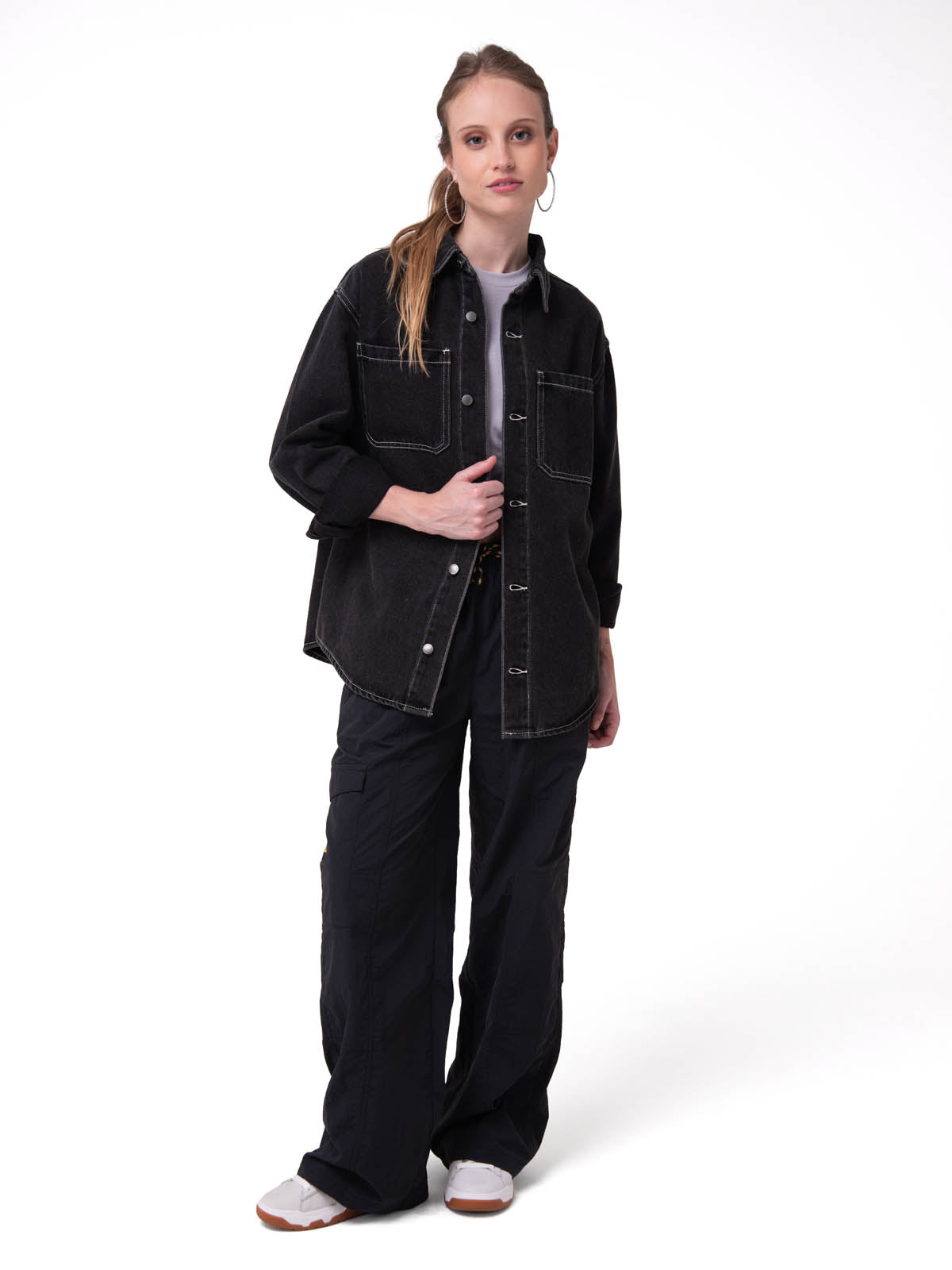 Camisa Denim Manga Larga Mujer Oversized Negro Cat