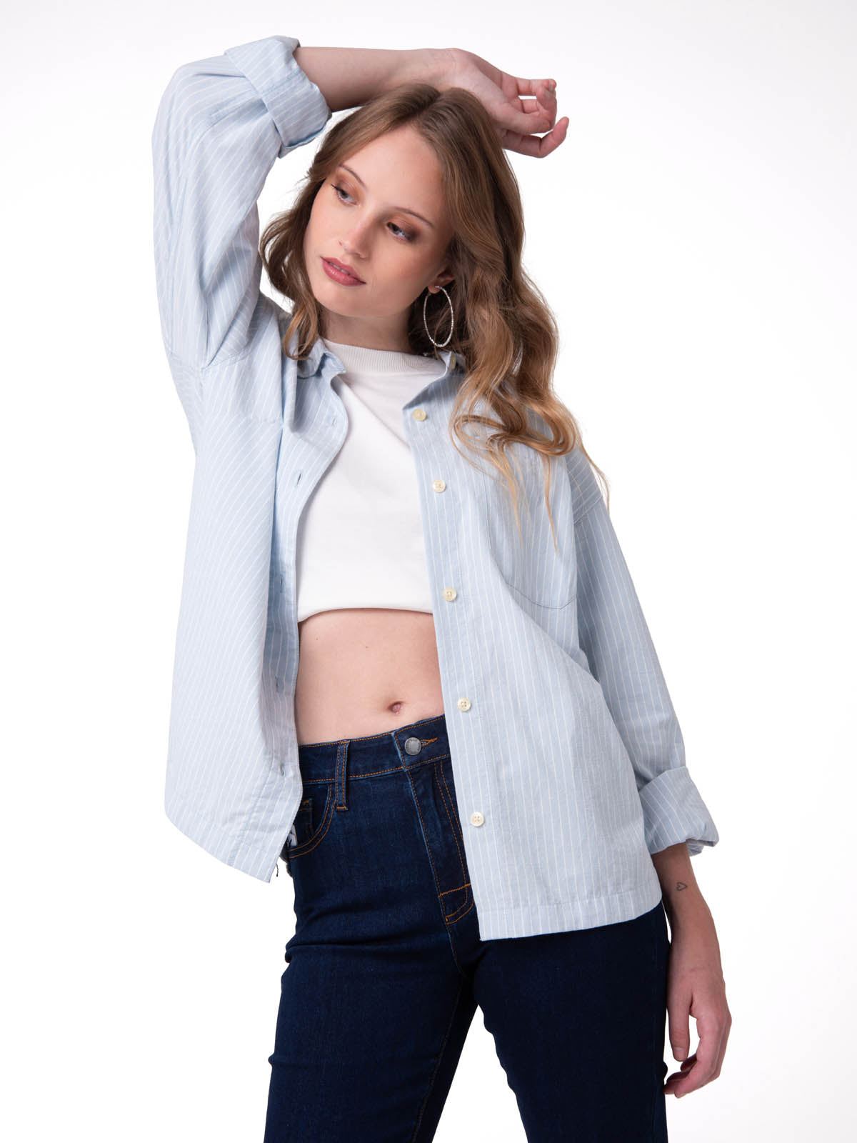 Camisa Manga Larga Mujer Oversized Celeste Cat