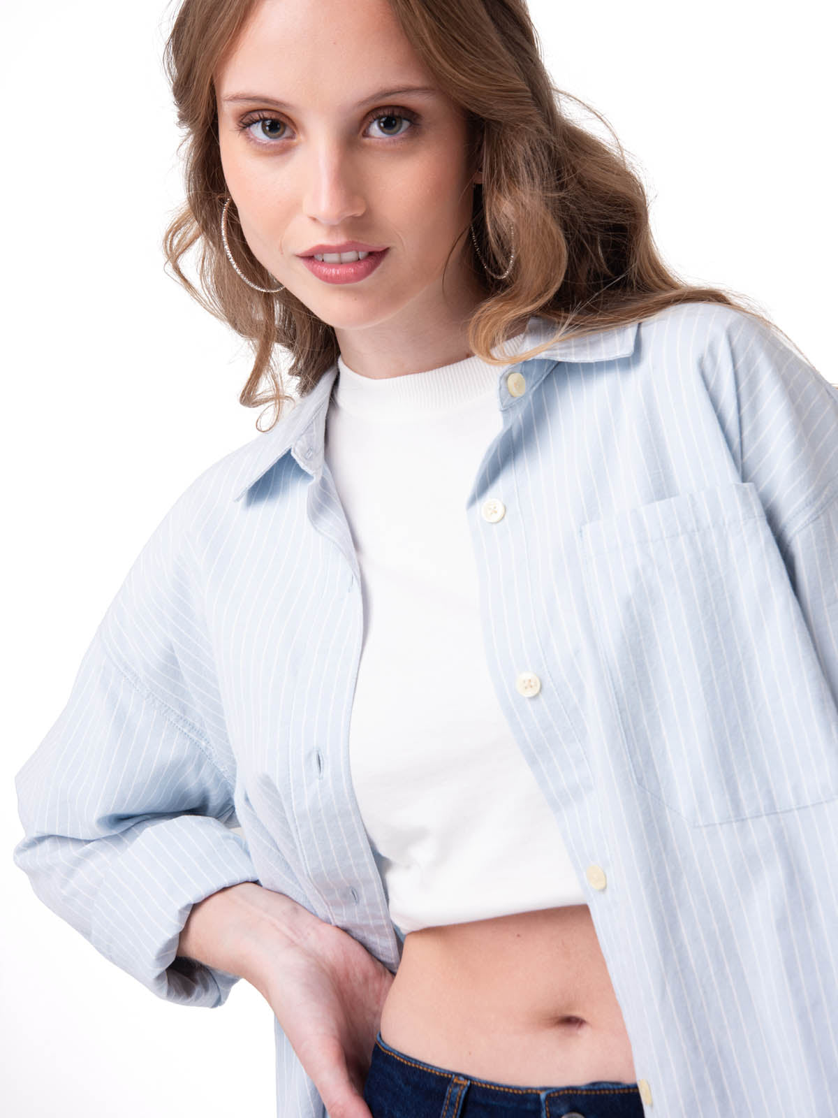 Camisa Manga Larga Mujer Oversized Celeste Cat