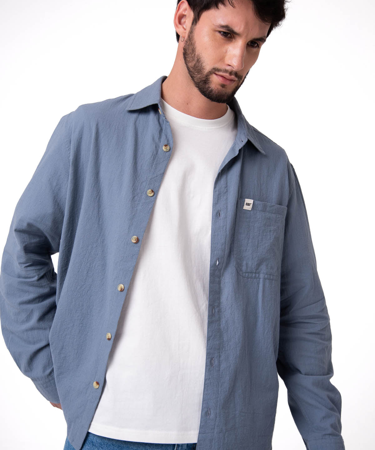 Camisa Manga Larga Hombre Lightweight Relaxed Azul Cat