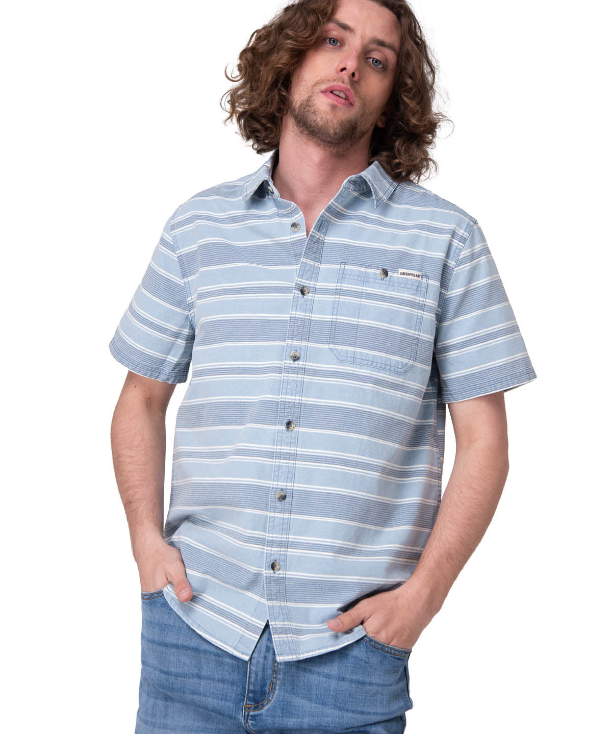 Camisa Manga Corta Hombre Chambray Plaid Short Azul