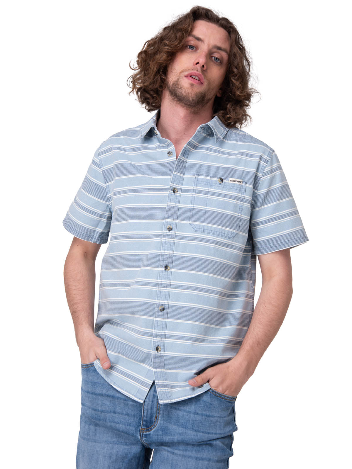 Camisa Manga Corta Hombre Chambray Plaid Short Azul
