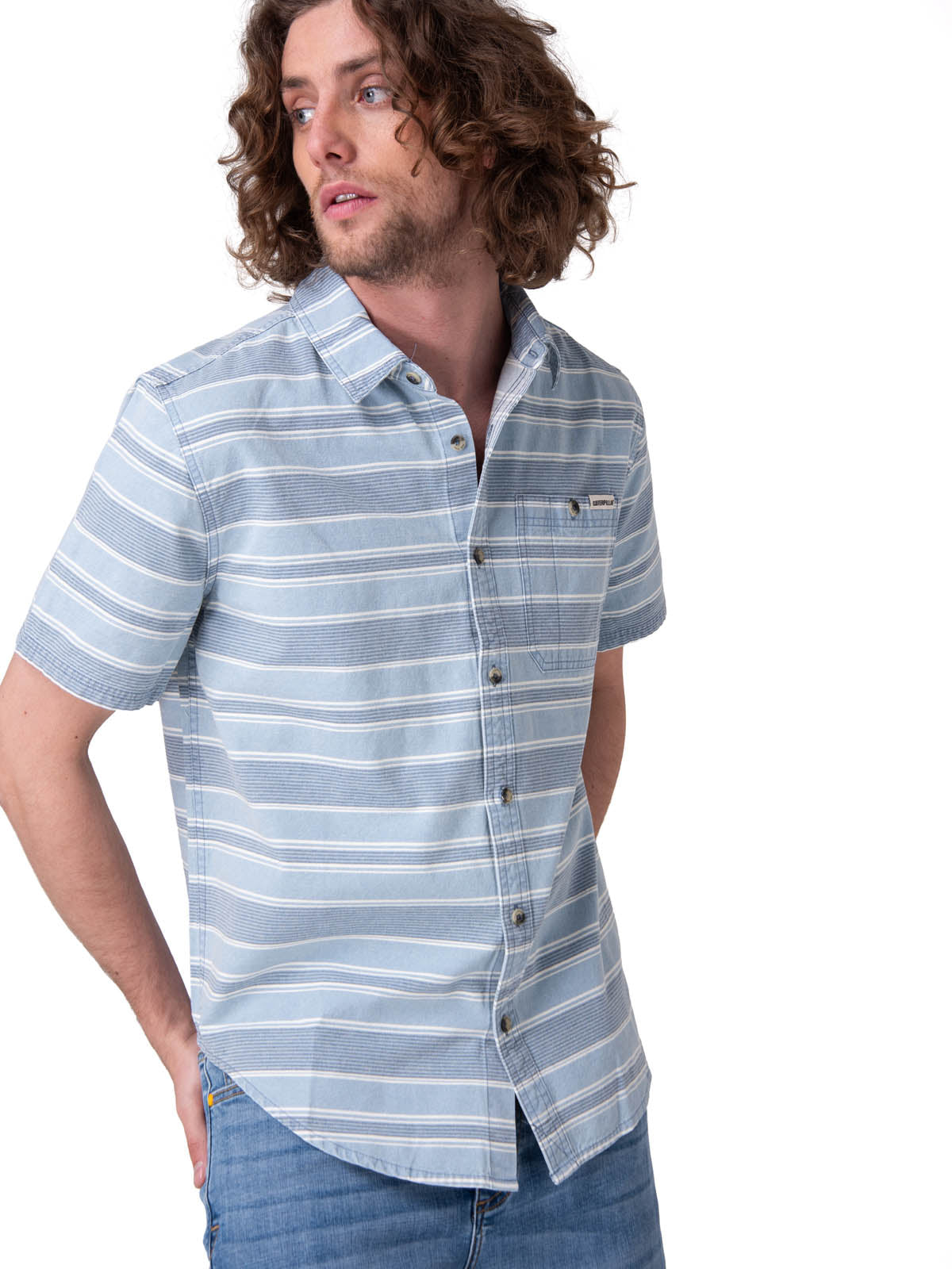 Camisa Manga Corta Hombre Chambray Plaid Short Azul