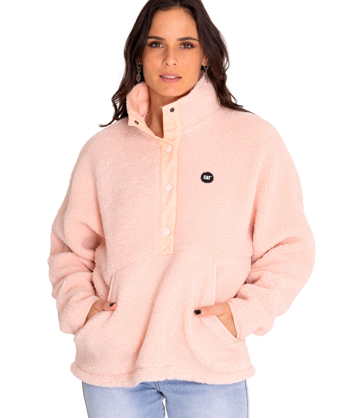 Polar Casual Mujer Sherpa Fleece Snap Front Pullover Jacket Rojo Cat