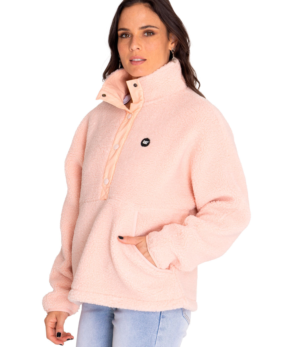 Polar Casual Mujer Sherpa Fleece Snap Front Pullover Jacket Rojo Cat