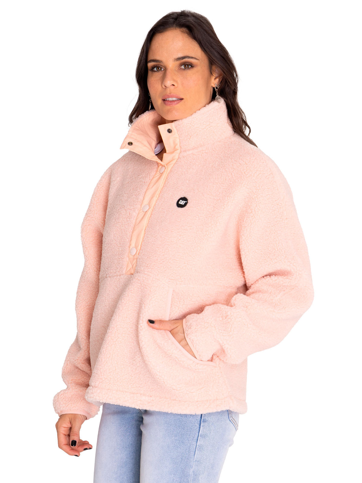 Polar Casual Mujer Sherpa Fleece Snap Front Pullover Jacket Rojo Cat