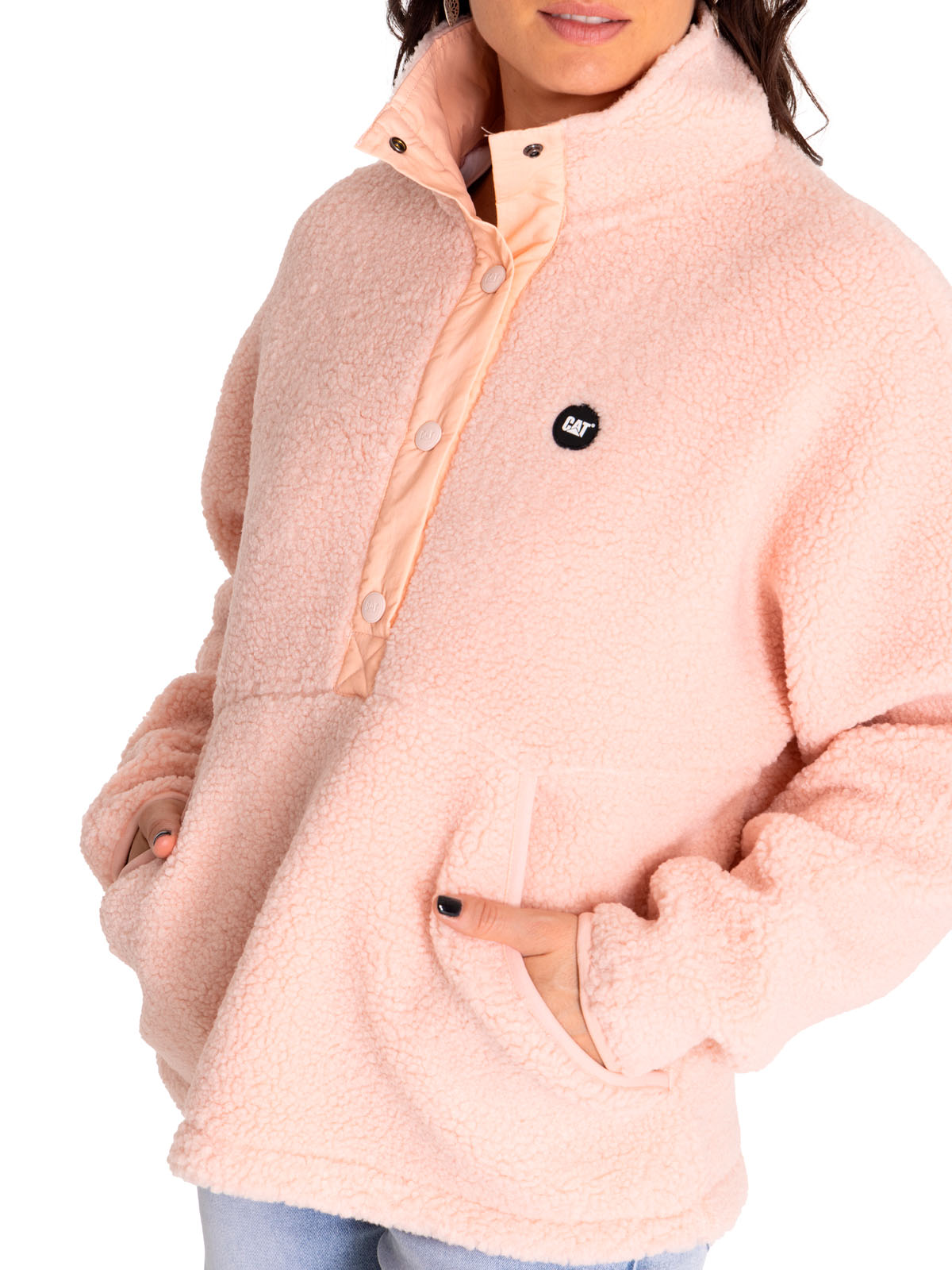 Polar Casual Mujer Sherpa Fleece Snap Front Pullover Jacket Rojo Cat