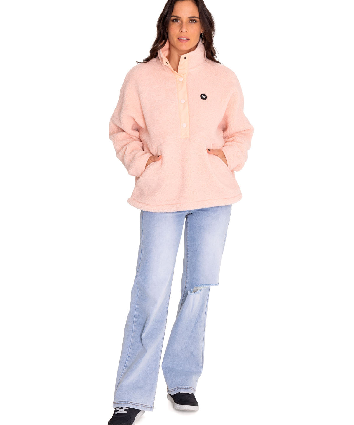 Polar Casual Mujer Sherpa Fleece Snap Front Pullover Jacket Rojo Cat