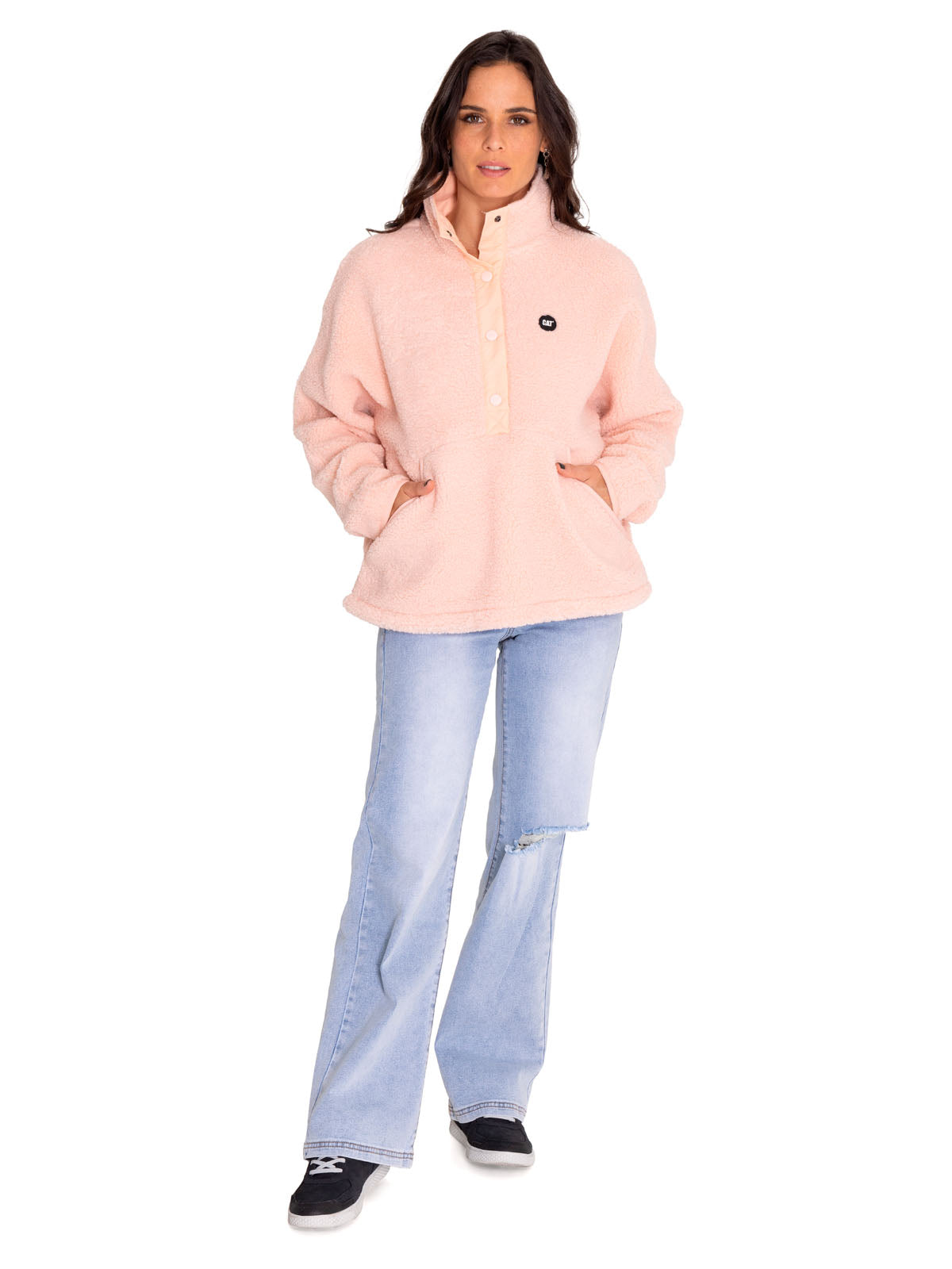 Polar Casual Mujer Sherpa Fleece Snap Front Pullover Jacket Rojo Cat