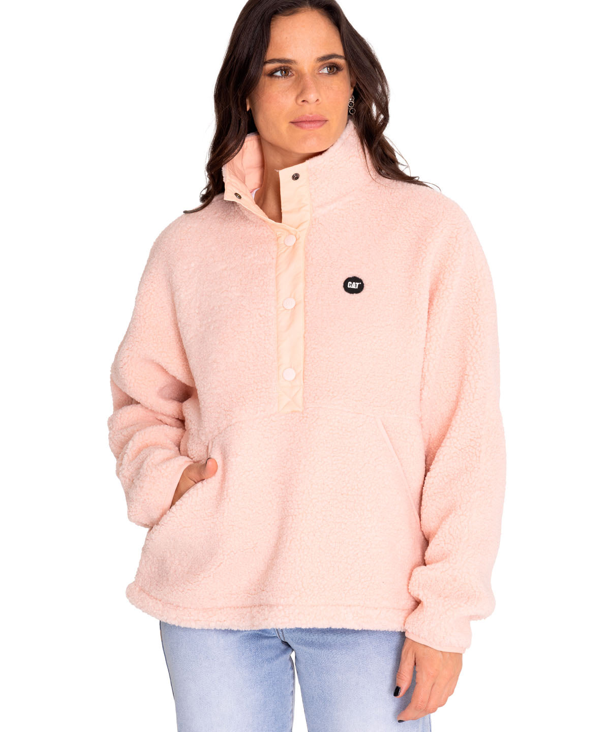 Polar Casual Mujer Sherpa Fleece Snap Front Pullover Jacket Rojo Cat