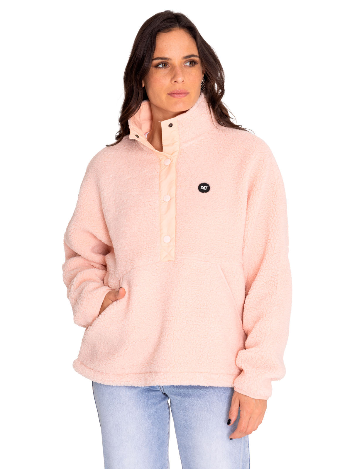 Polar Casual Mujer Sherpa Fleece Snap Front Pullover Jacket Rojo Cat