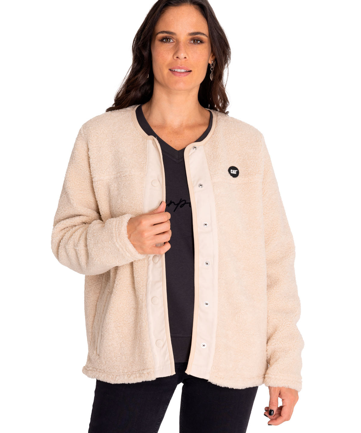 Polar Casual Mujer Long Button Front Sherpa Jacket Beige/Crudo Cat