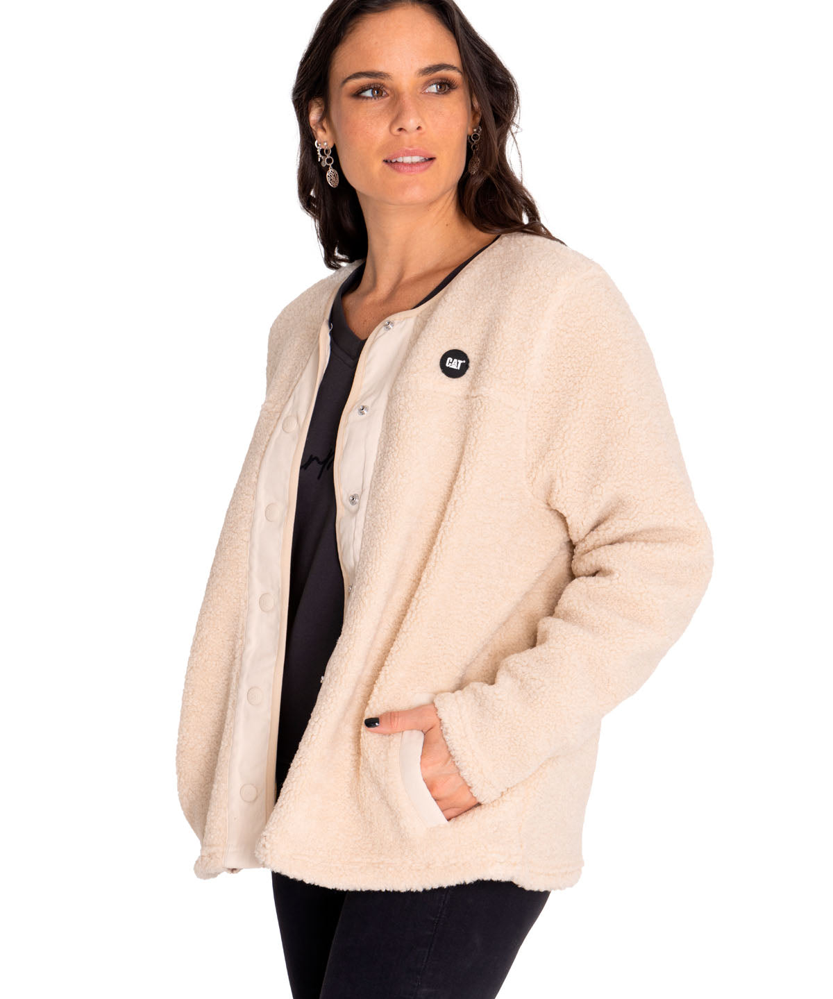 Polar Casual Mujer Long Button Front Sherpa Jacket Beige/Crudo Cat