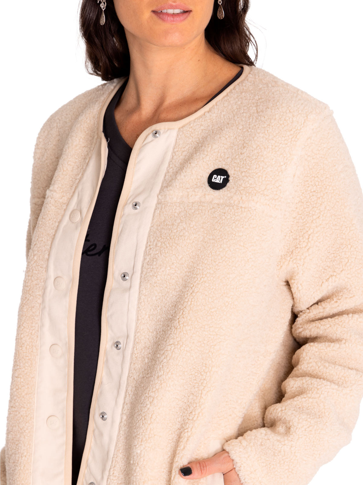Polar Casual Mujer Long Button Front Sherpa Jacket Beige/Crudo Cat