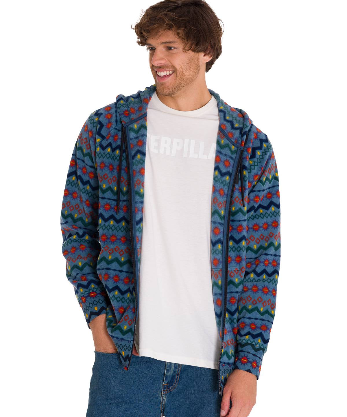 Polar Manga Larga Unisex Microfleece Full Zip Hoodie Petróleo Cat