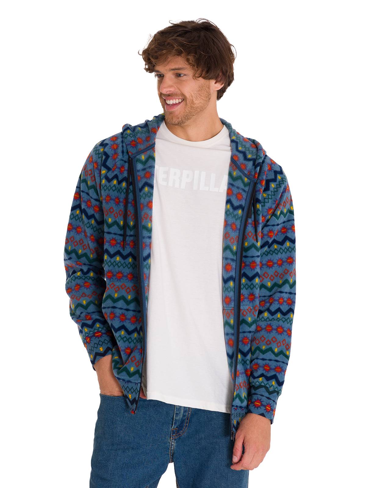 Polar Manga Larga Unisex Microfleece Full Zip Hoodie Petróleo Cat