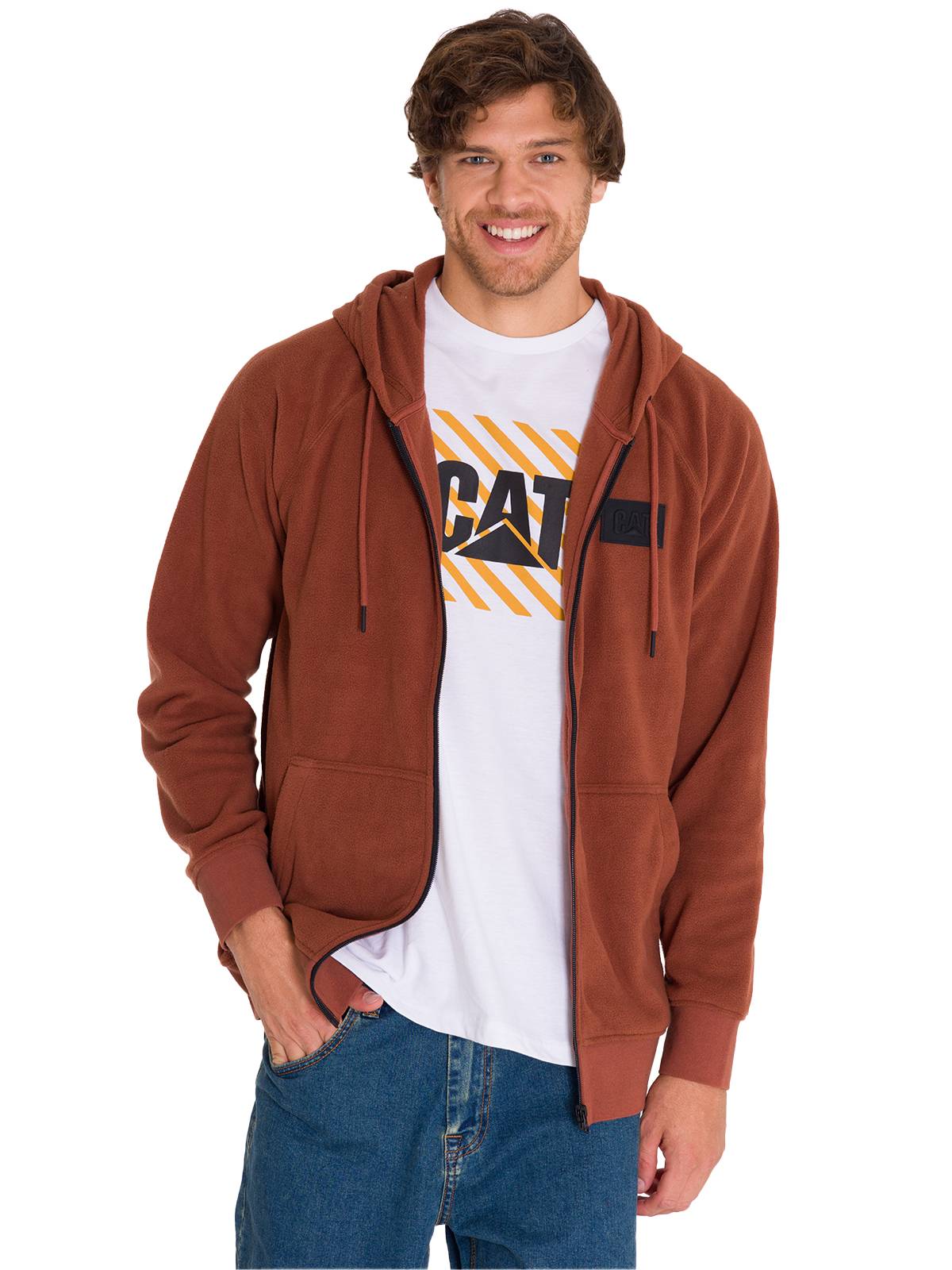 Polar Manga Larga Unisex Microfleece Full Zip Hoodie Terracota Cat