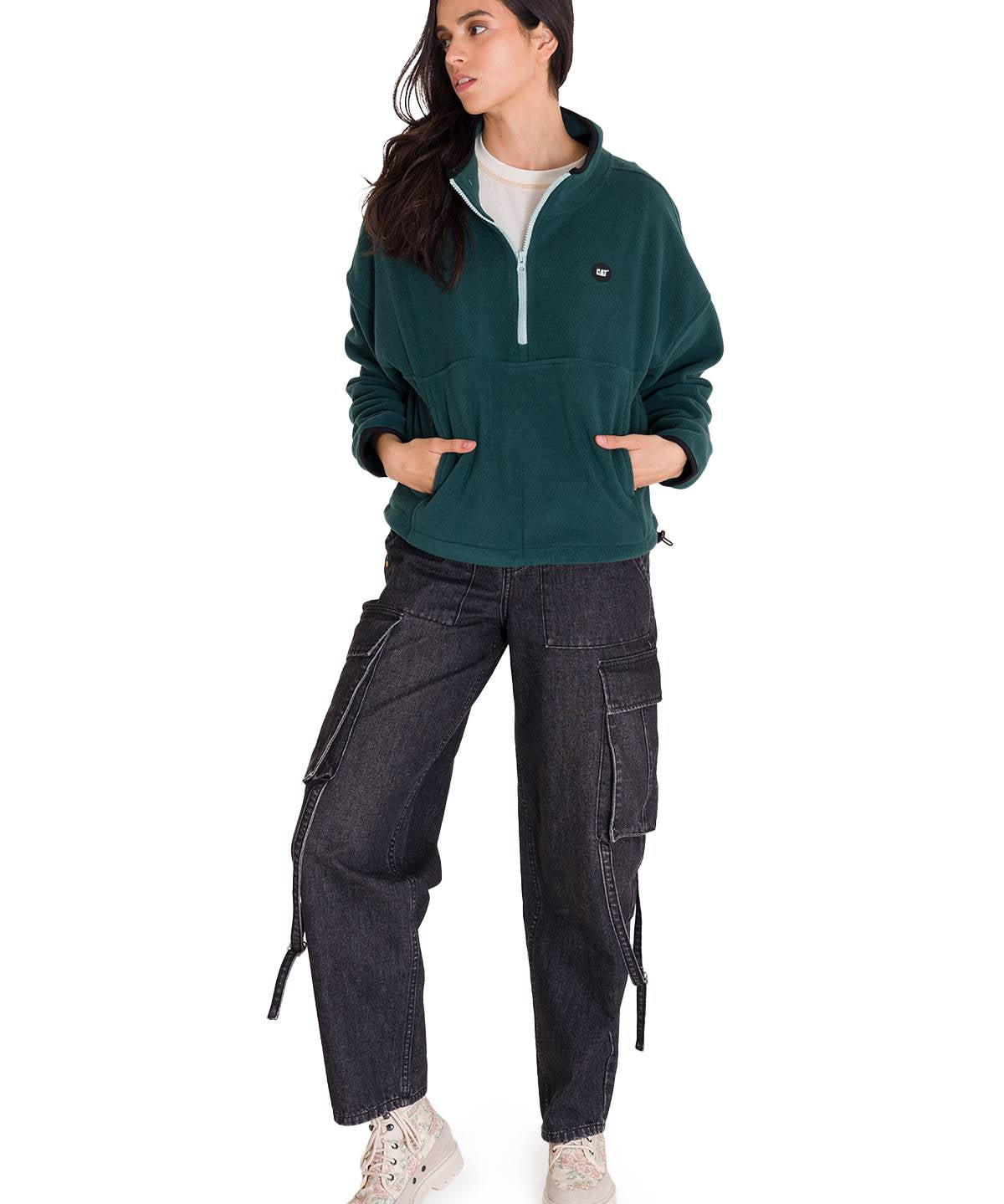 Polar Manga Larga Mujer BOXY OVERSIZED HALF ZIP FLEECE Verde Petróleo Cat
