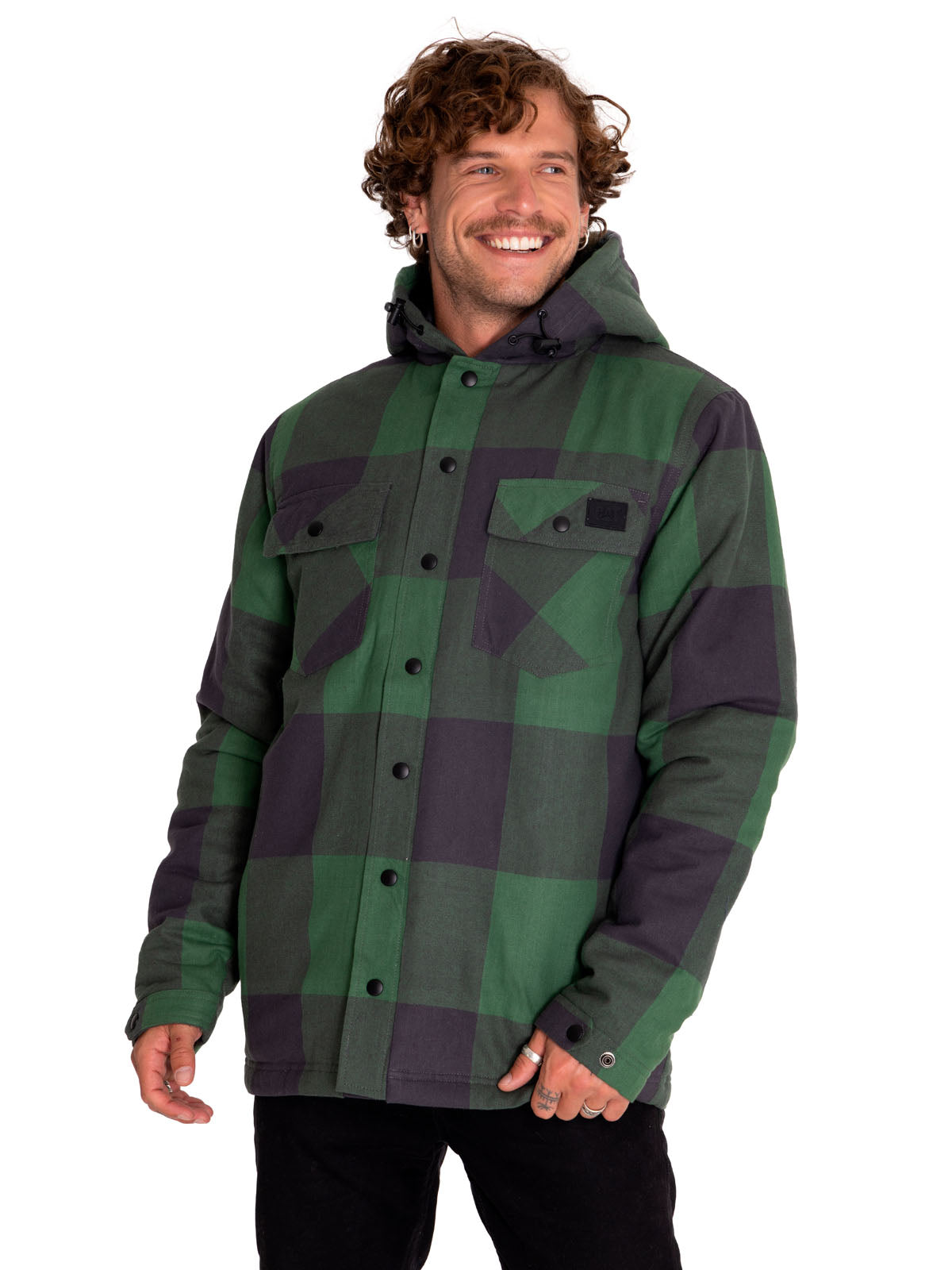 Chaqueta Casual Hombre Flannel Snap Front Lightweight Insulated Hooded Jacket Verde Cat