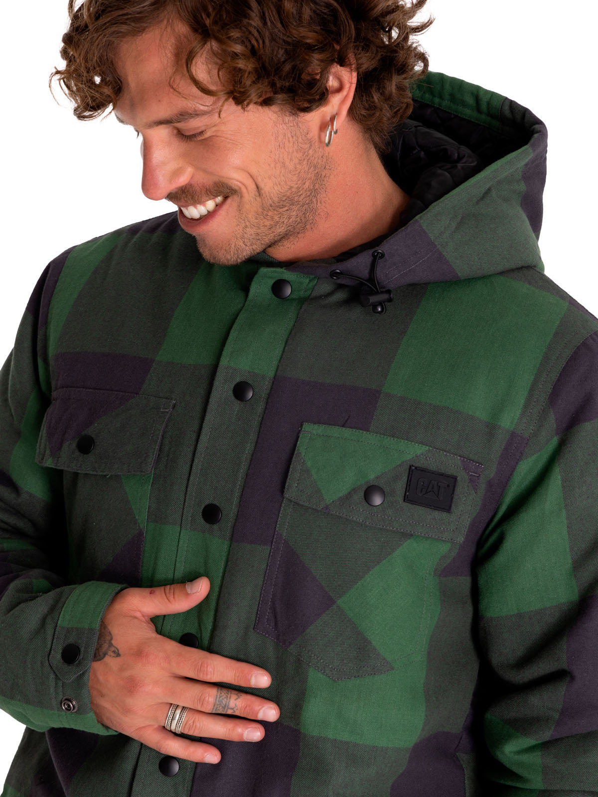 Chaqueta Casual Hombre Flannel Snap Front Lightweight Insulated Hooded Jacket Verde Cat